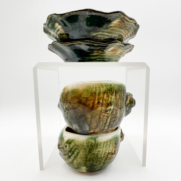 Majolica Tea Cup and Saucers Vintage Barbotine Shell Oyster Green Glaze Pair - Picture 9 of 13